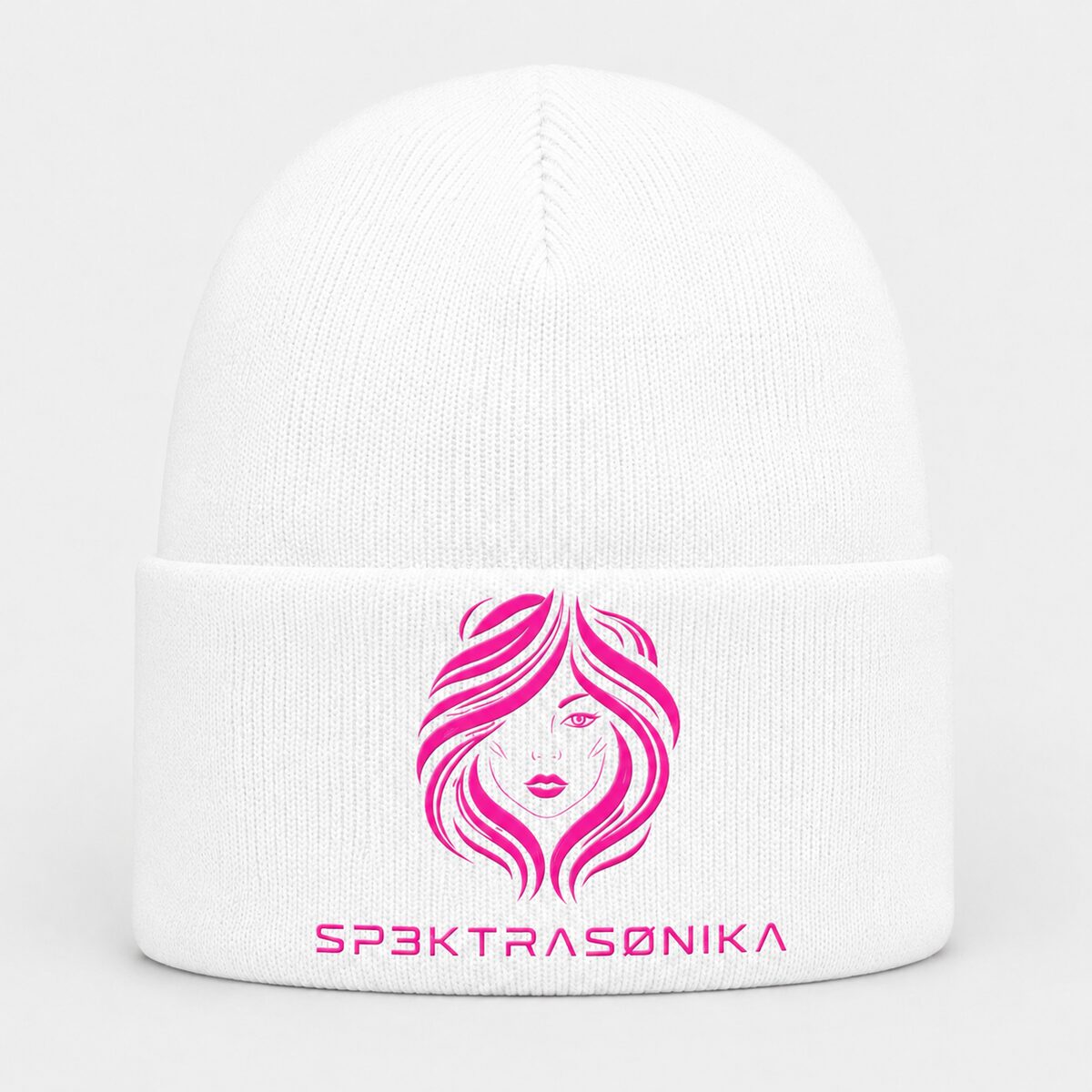 Sp3ktraSønika Medusa beanie — white with magenta embroidery