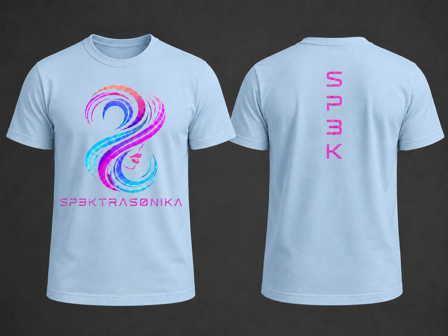 Sp3ktraSønika Aura premium tee — mens, powder blue, magenta and cyan swirl print