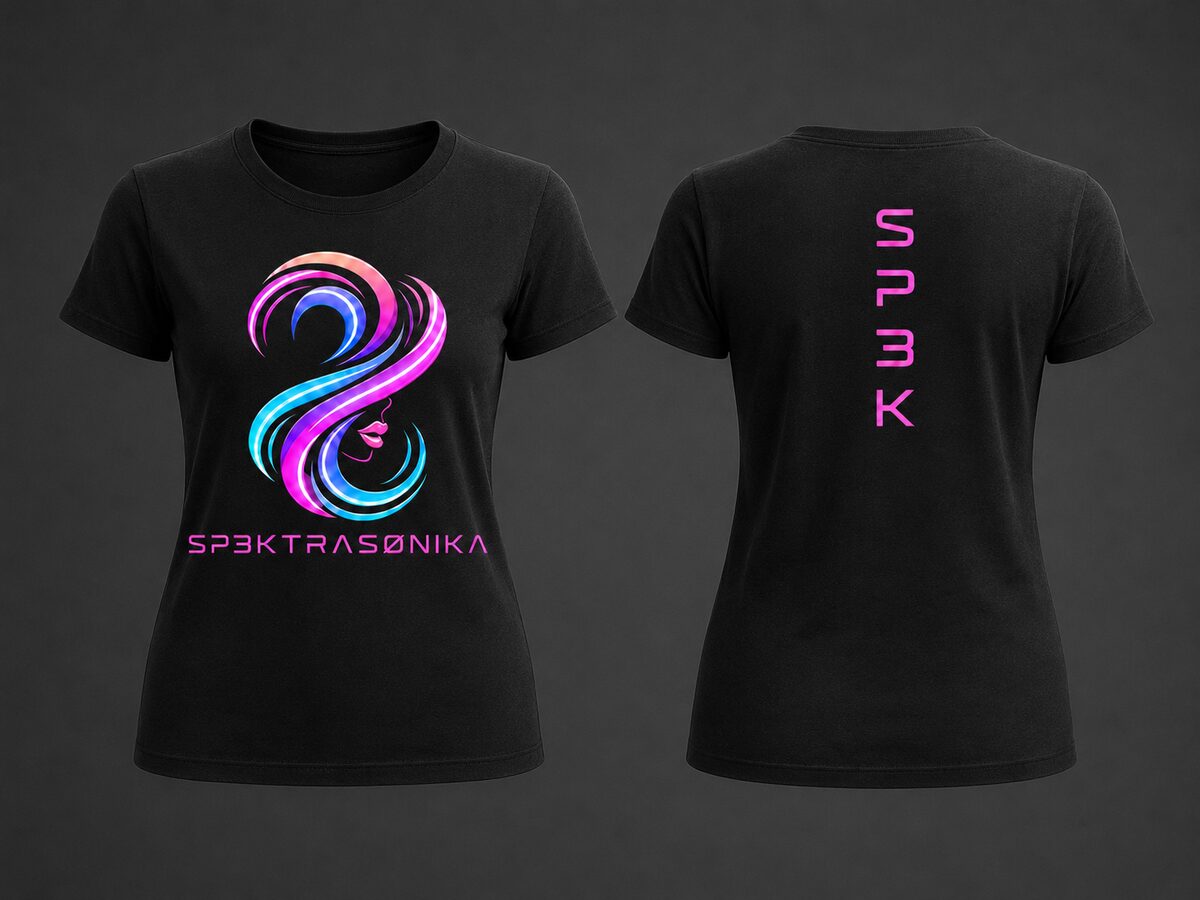 Sp3ktraSønika Aura premium fitted tee — womens, black, magenta and cyan swirl print