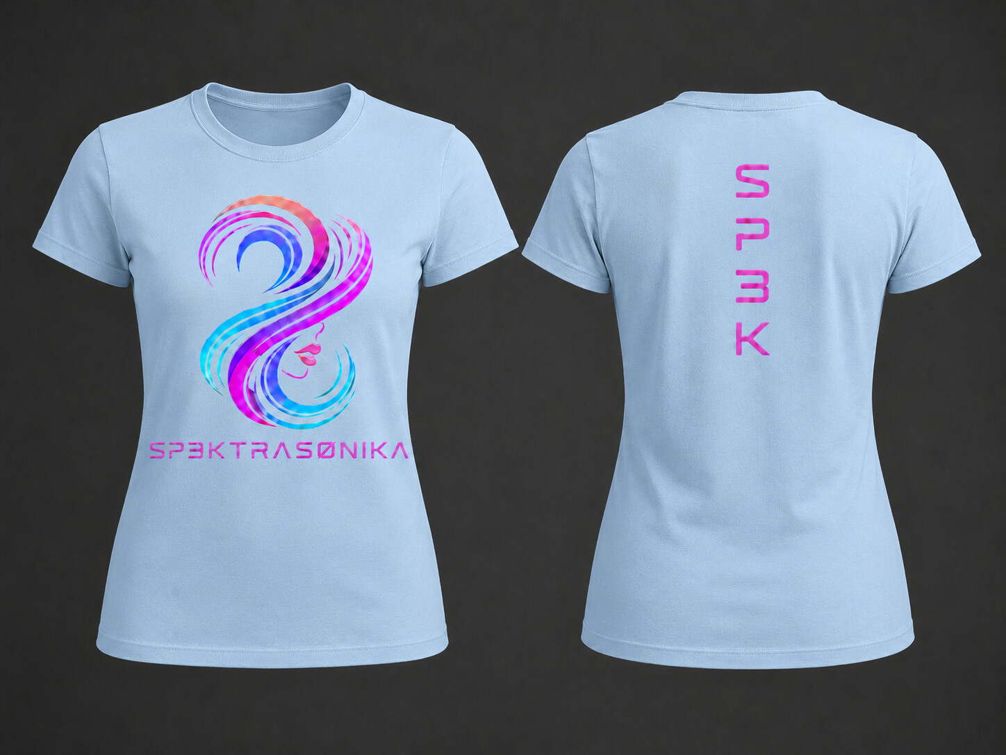 Sp3ktraSønika Aura premium fitted tee — womens, powder blue, magenta and cyan swirl print