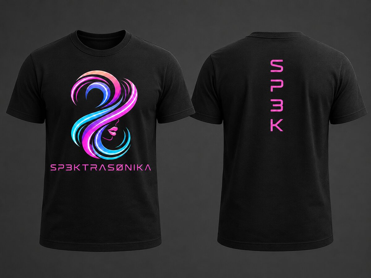 Sp3ktraSønika Aura premium tee — alt cut, black, magenta and cyan swirl print