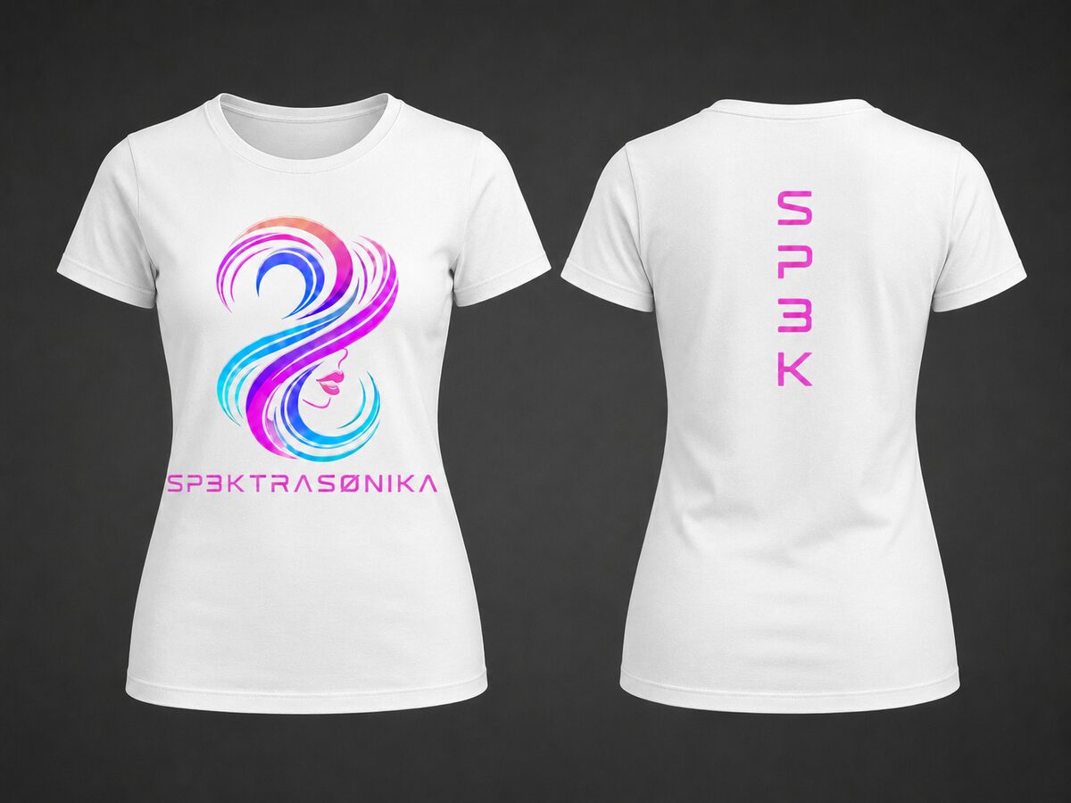 Sp3ktraSønika Aura premium fitted tee — womens, white, magenta and cyan swirl print