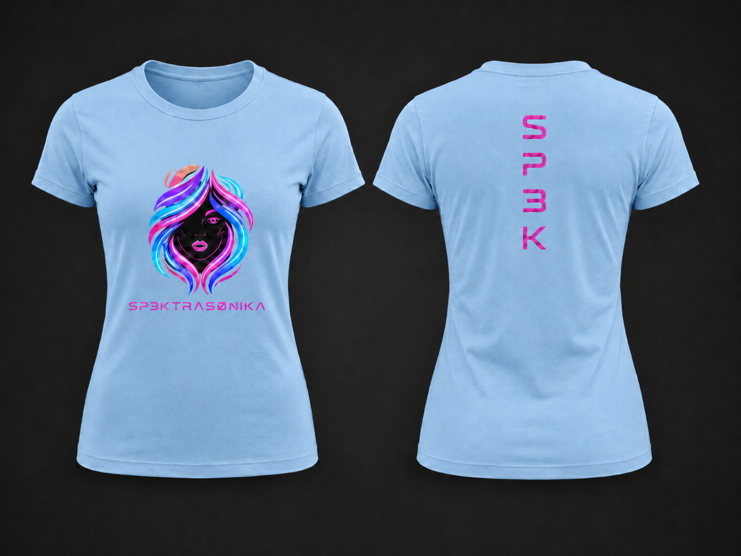 Sp3ktraSønika Medusa premium fitted tee — womens, powder blue, portrait print